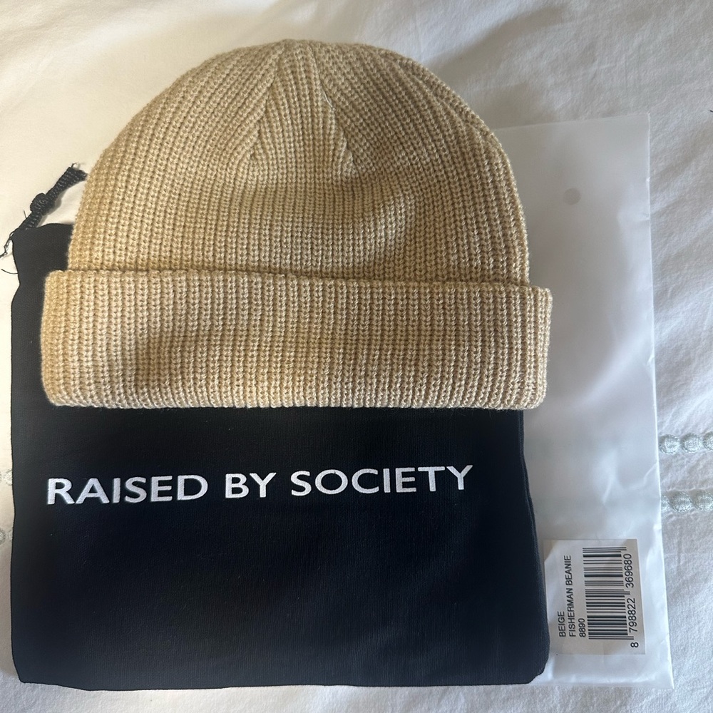 Beige Raised By Society Fisherman Beanie
